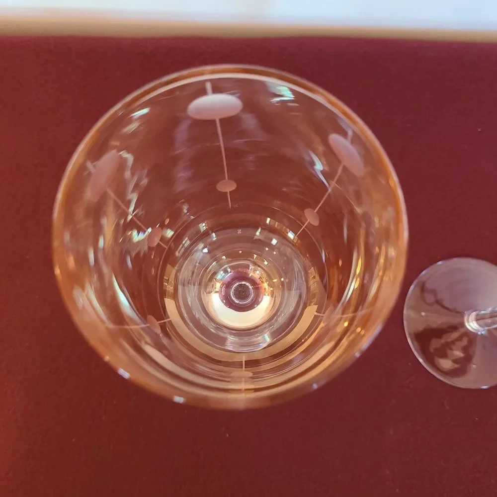 Vintage Golden Amber Light Yellow Iridescent Wine Glasses With Etching Set of 2